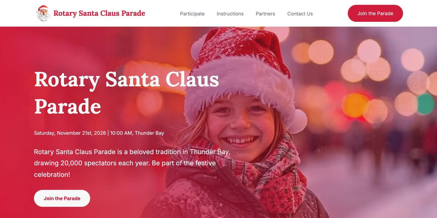 The parade homepage: a child in a Santa hat under street lights, beside the parade name, its date and a join button.